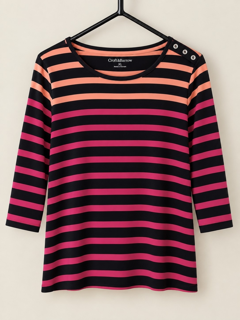 croft & barrow Black, Coral and Magenta Striped Boatneck Top